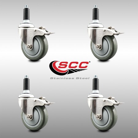 Service Caster 4 Inch 316SS Gray Poly Swivel 1-1/8 Inch Expanding Stem Caster Set Lock Brake SCC-SS316TTLEX20S414-PPUB-118-4